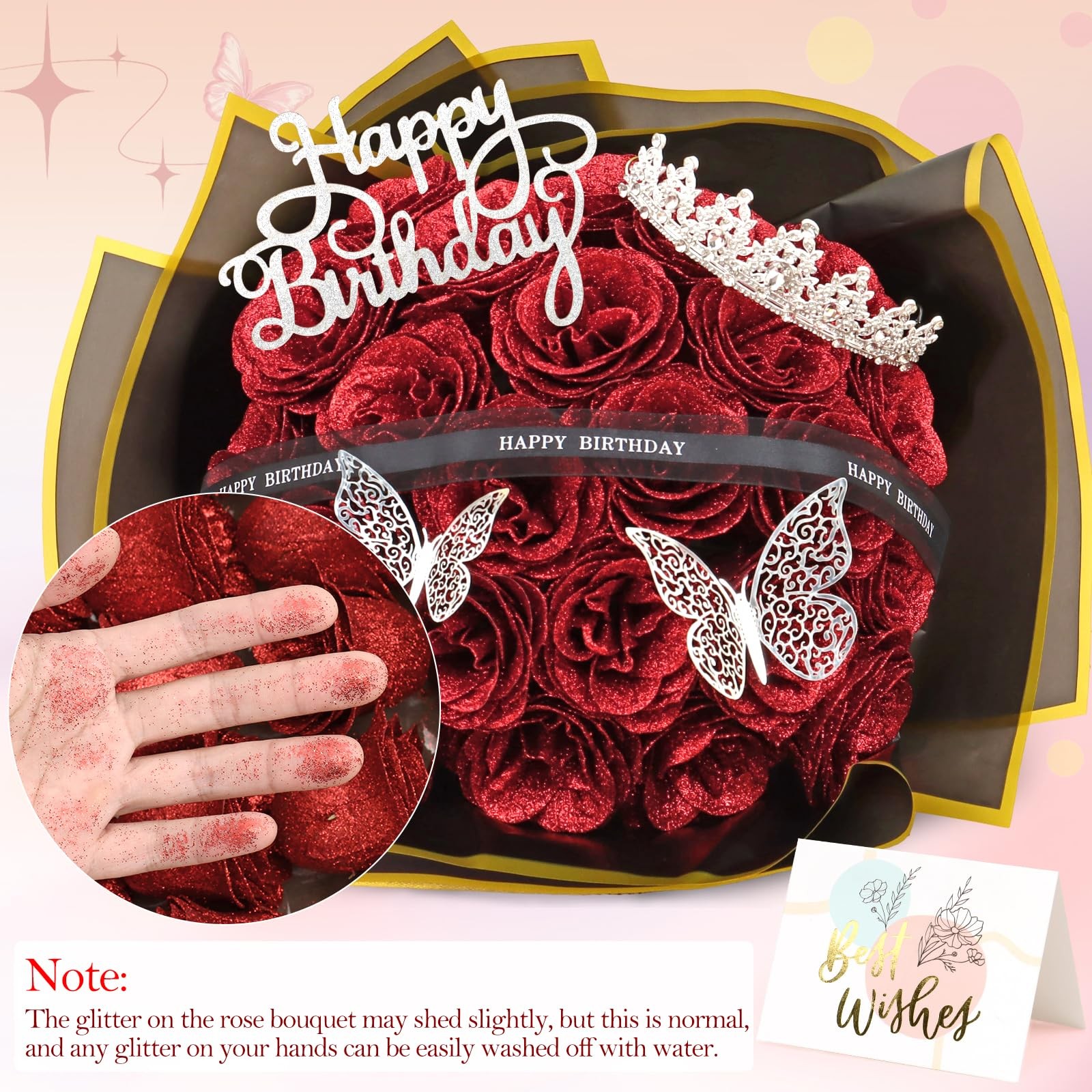 24 PCS Red Glitter Roses Bouquet Fake Flowers With Birthday StandUp Signs DIY