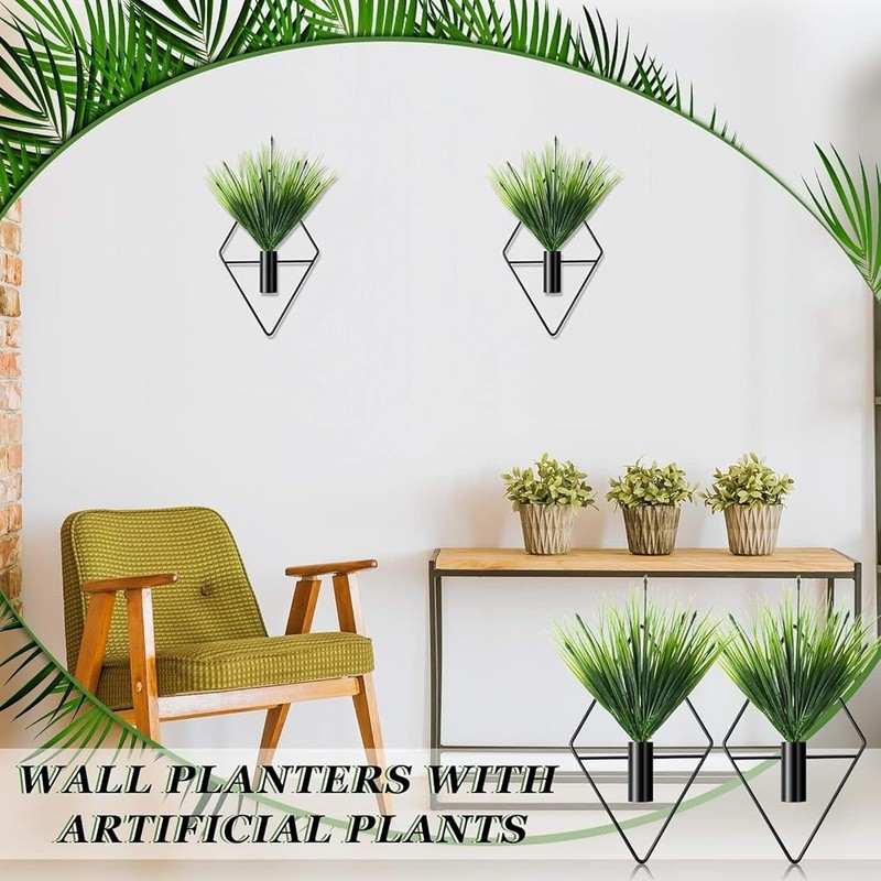 2 Piece Wall Planter Set Metal Hanging Vases W/ Artificial Plants Indoor Decor