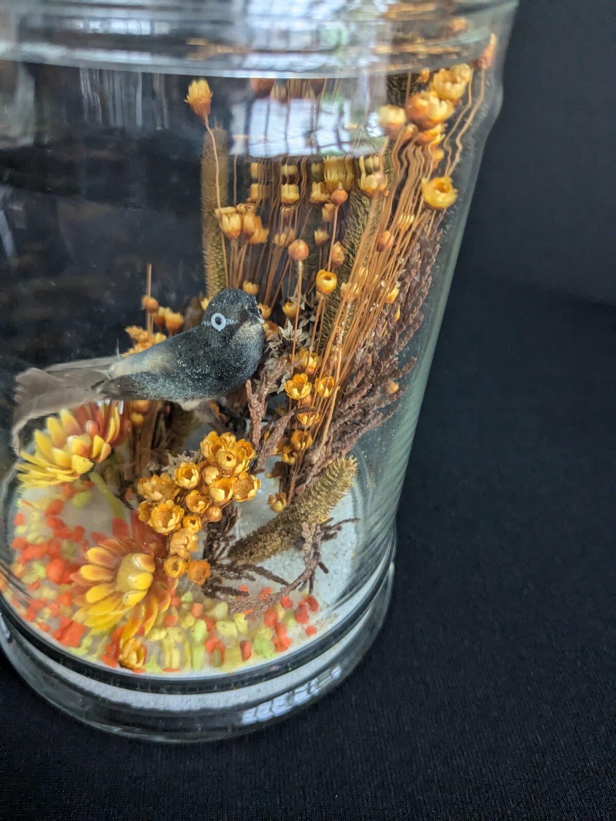 Vtg 1970’s Bird & Flowers Arrangement Dome Orange Yellow Brown Fall Decor