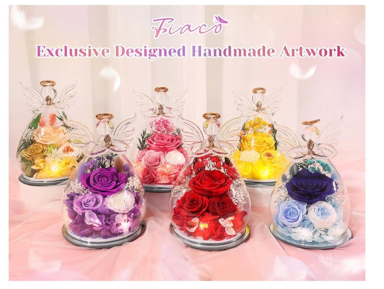 Gifts for Women Birthday Preserved Rose Forever Flower in Glass Angel Figurines