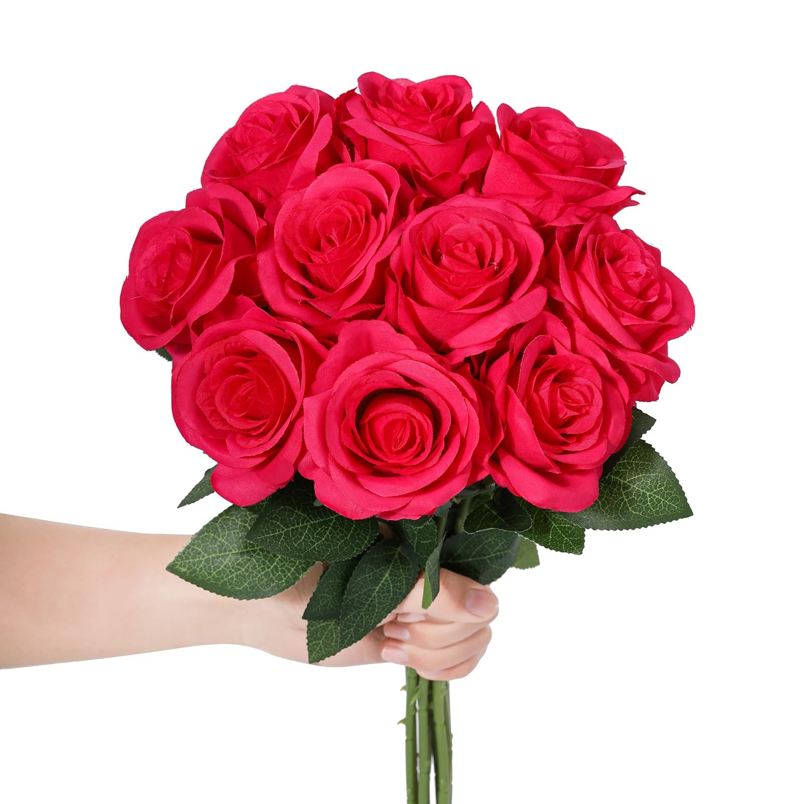 10Pcs Hot Pink Roses Artificial Flowers, Faux Silk Roses with 21.2″ Long Stem…