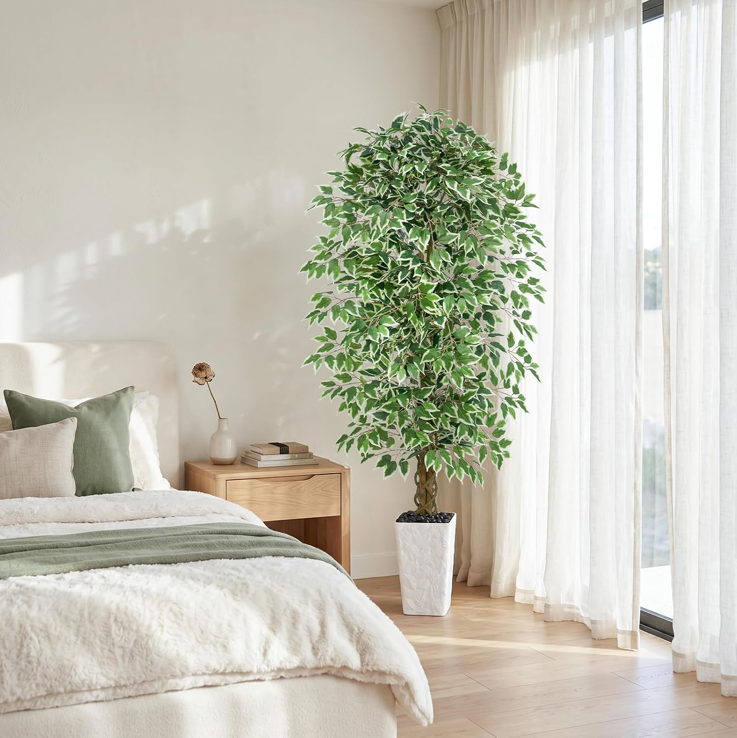 6FT Artificial Ficus Tree, Tall Fake Ficus Tree with Natural Wood Trunk & Silk L