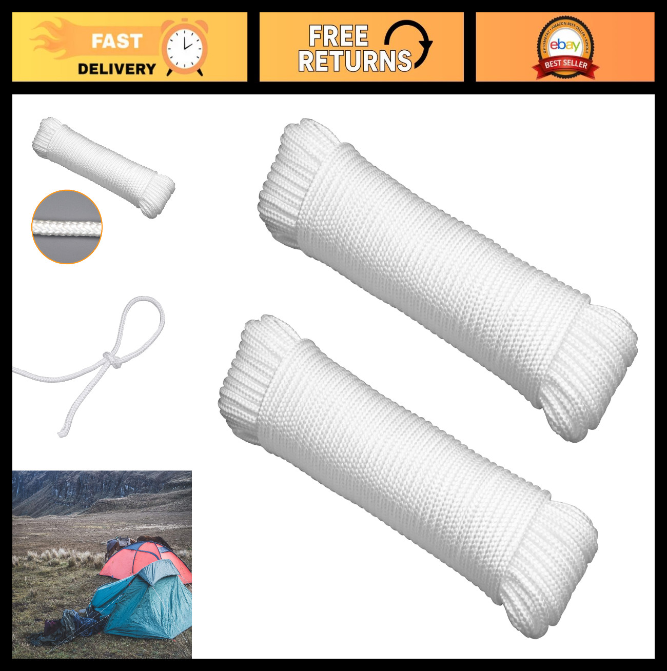 100′ UV Resistant White Rope 2-Pack, Ideal for Flag Poles, Clotheslines, Camping