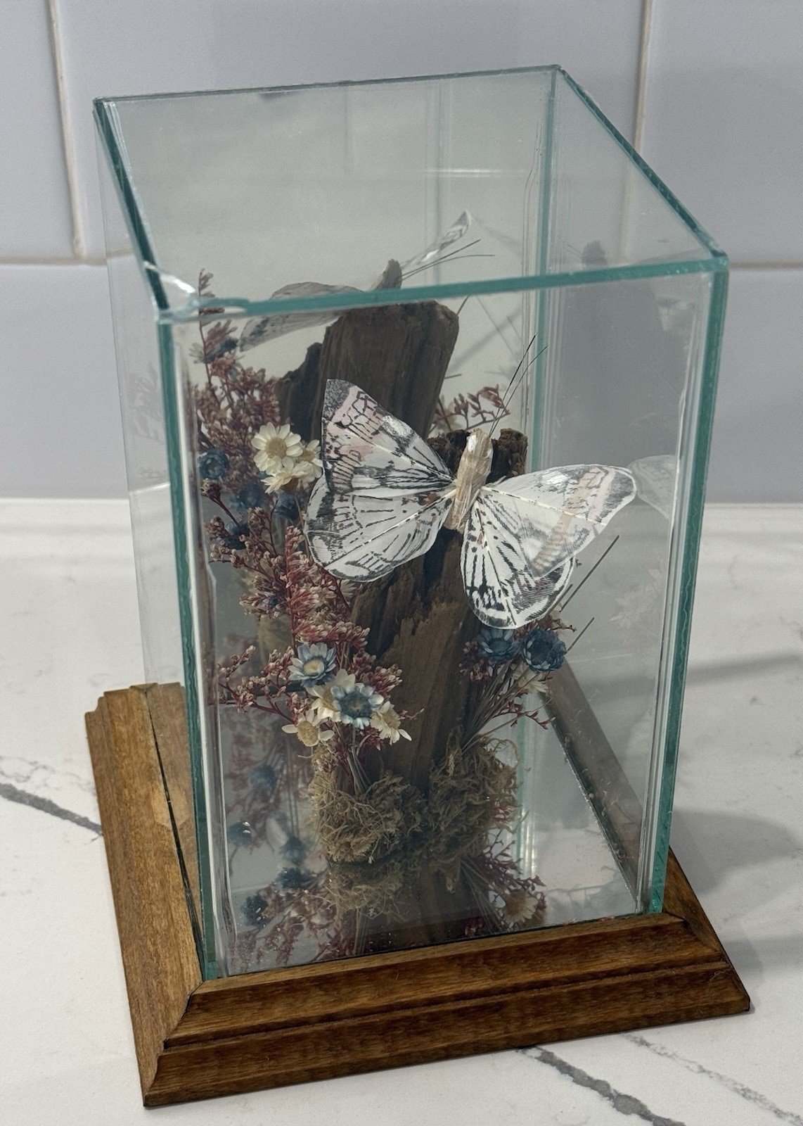 Glass Display Terrarium Butterfly (Faux) Dried Florals Wood Base CottageCore