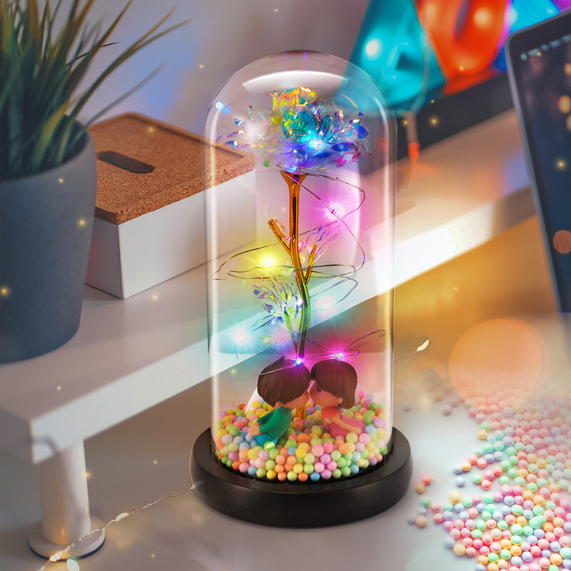Enchanted Crystal Galaxy Rose Flower In Dome Glass LED Night Light Uniques Gifts