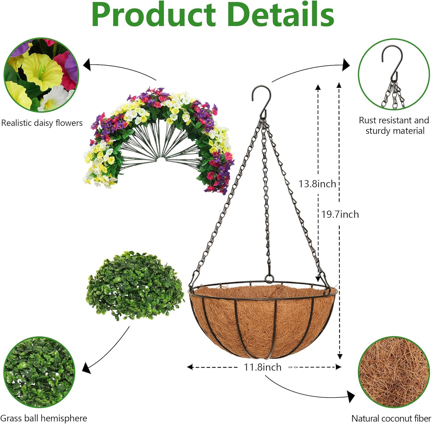 2 Set Artificial Hanging Flowers with Basket for Outdoor Spring Summer Decor – R