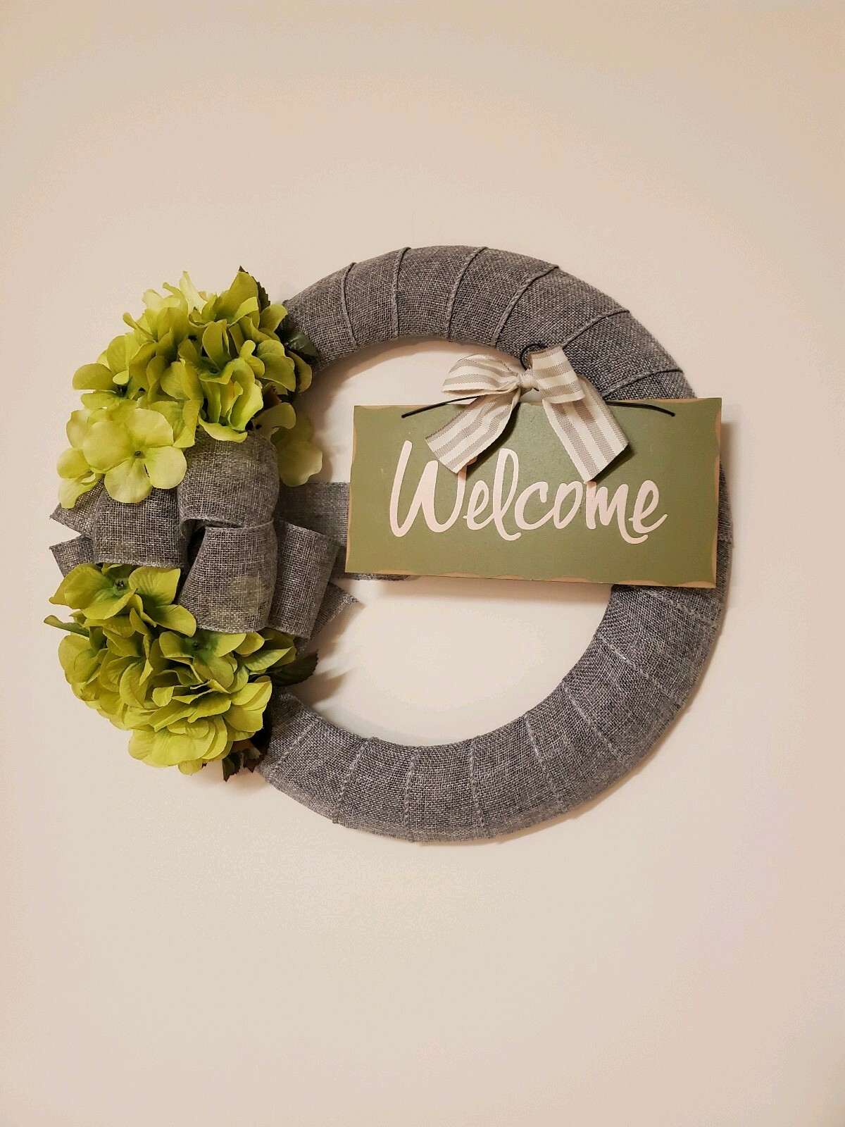 WELCOME green FLOWER Hydrangeas burlap WREATH FALL autumn Decor Front Door 15″