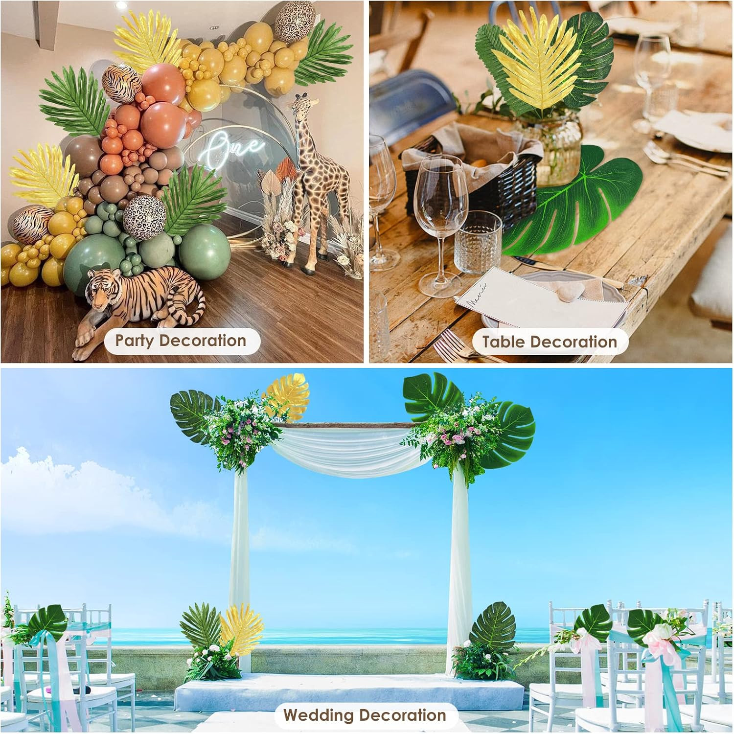 100 Pcs 8 Kinds Artificial Palm Leaves Tropical Fake Leaves, Monstera Leaf Gold