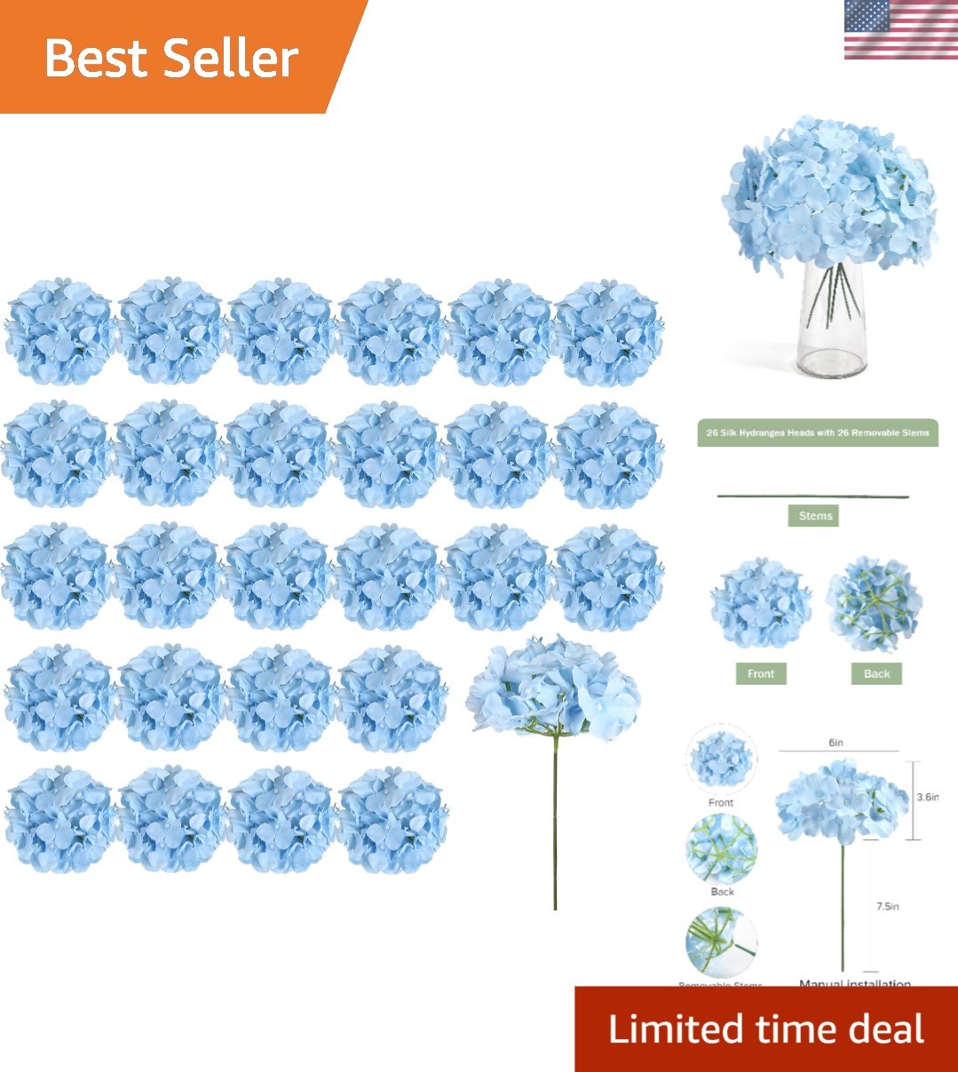 Blue Silk Hydrangea Flower Heads & Stems – 26 Piece Value Pack for Any Occasion