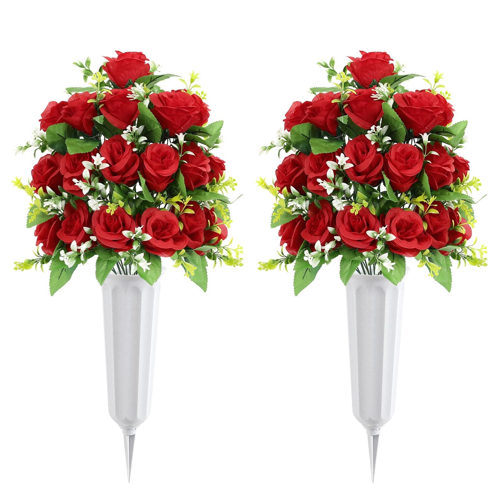2Pcs Artificial Cemetery Flowers with Vase for Grave, Silk Memorial Day Rose …