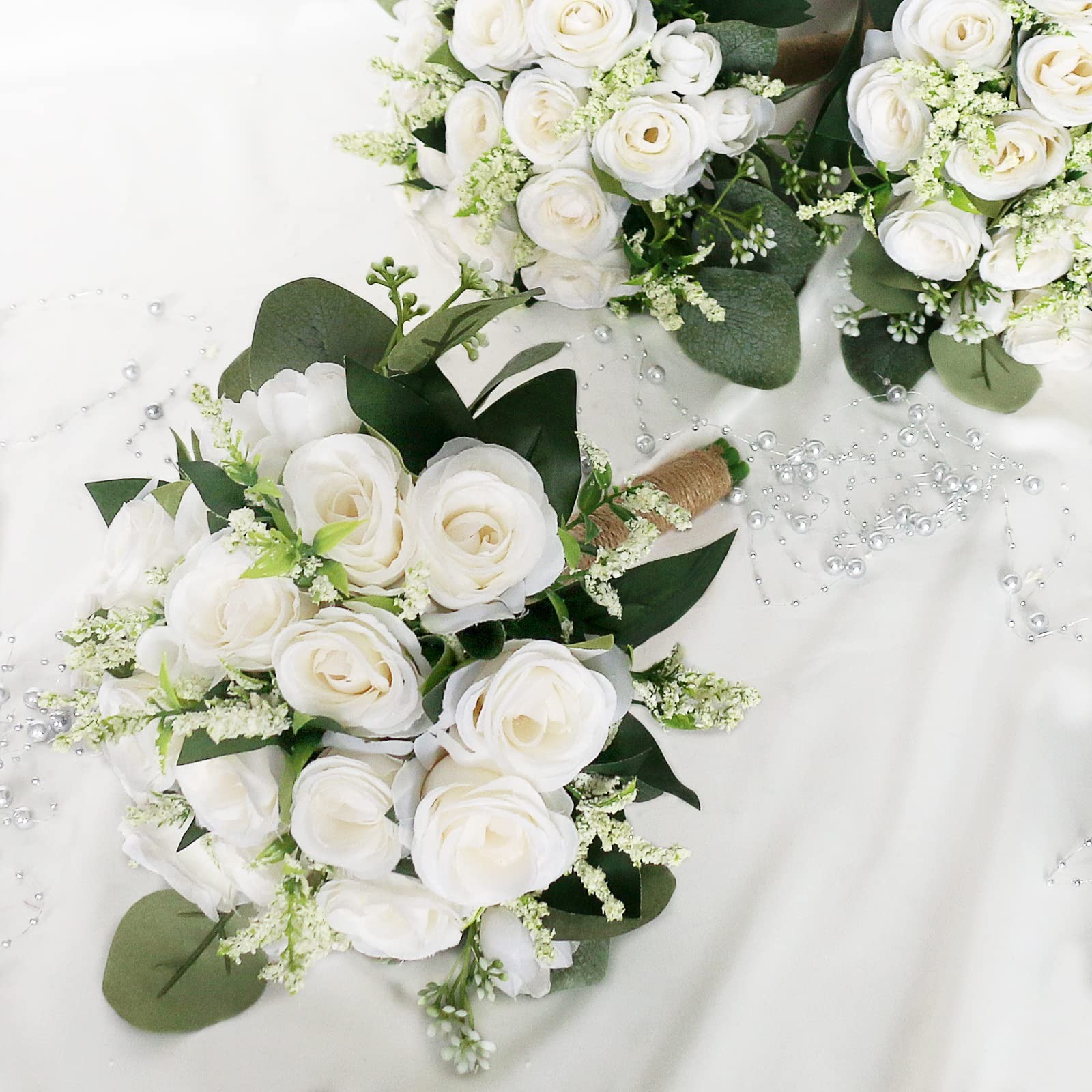 Set of 2 Bridesmaid Bouquets for Wedding – 7 Inch Artificial Ivory Flower Bou…