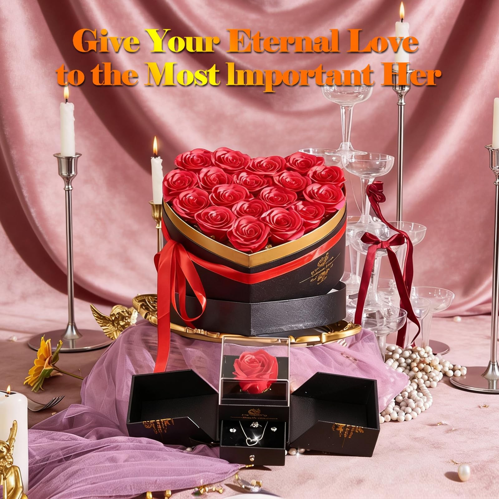 Artificial Forever Preserved Flowers & Preserved Roses with Necklace Ring Ear…