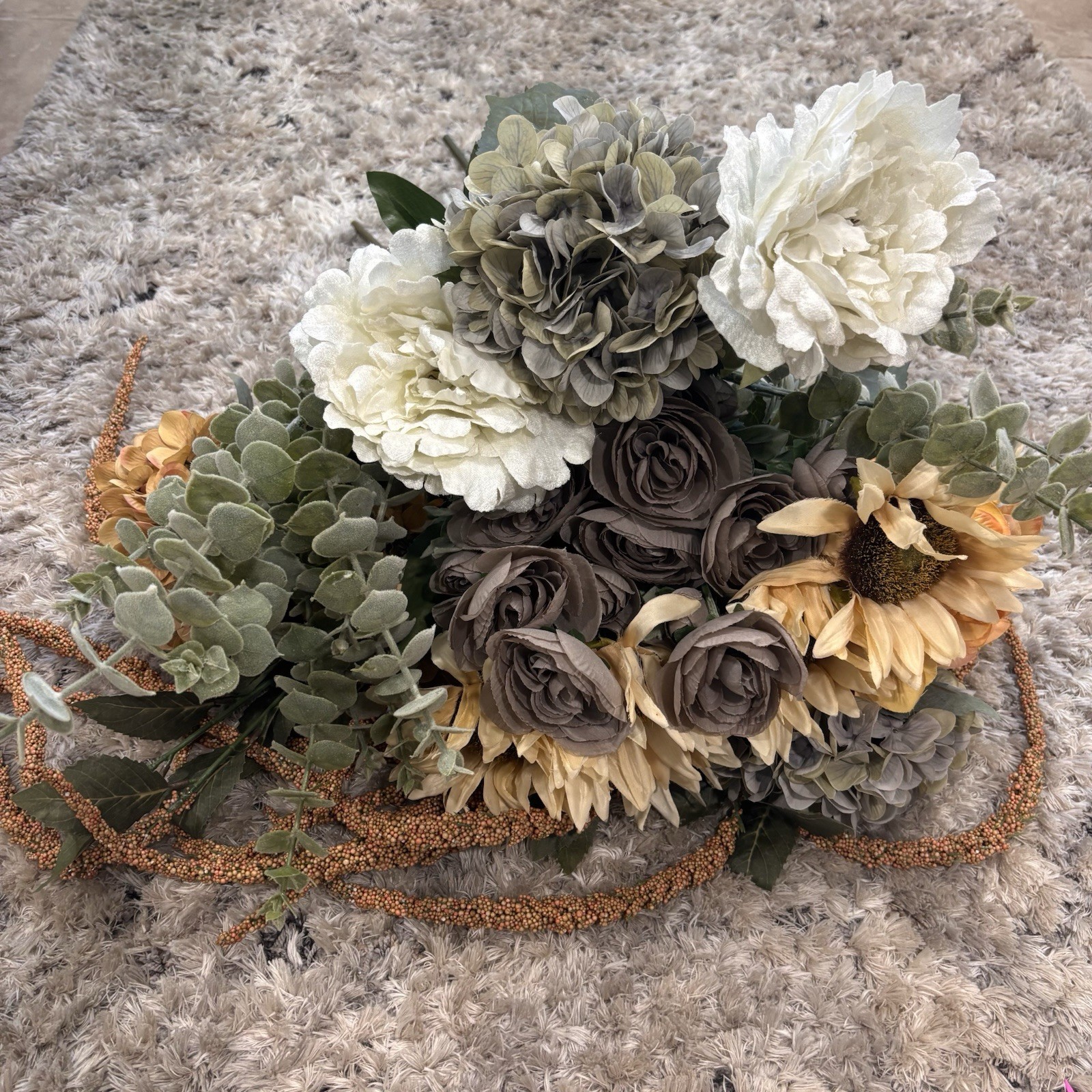 24pc Faux Floral Stem Lot Hydrangea Sunflower Eucalyptus Neutral Decor Bloom