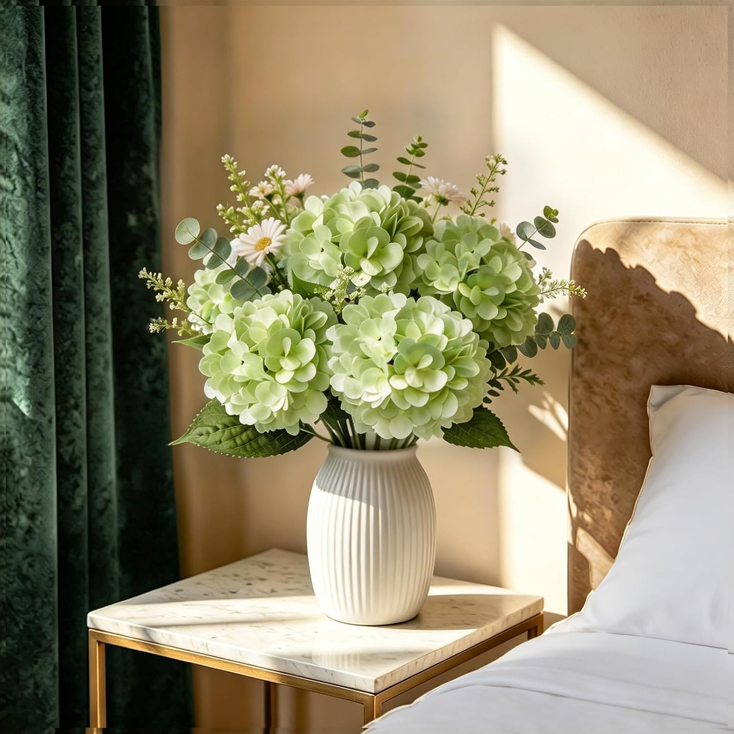 Lifelike UV Resistant Green Silk Hydrangea Flowers – 2 Pcs for Home Decor