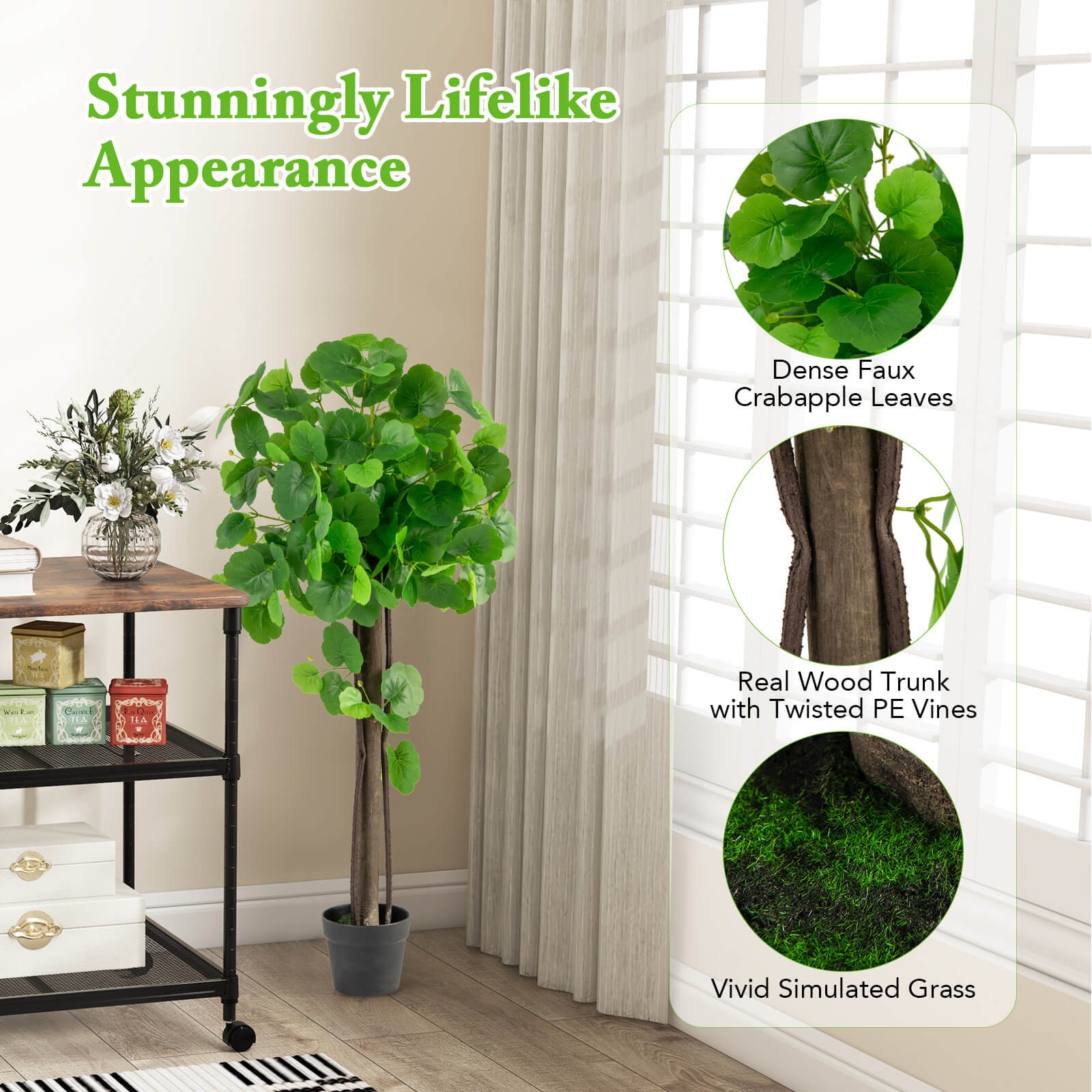 44″ Artificial Crabapple Tree w/ Real Wood Trunk Adjustable Branches Faux Grass