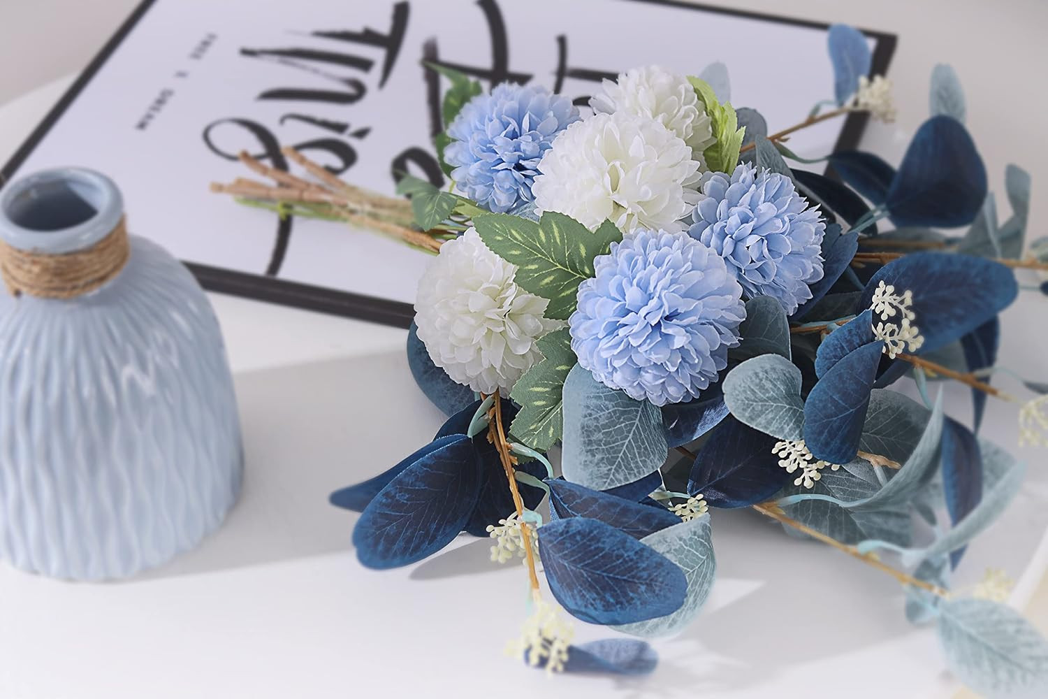 Elegant Artificial Hydrangea & Eucalyptus Bouquet with Vases for Home Decor