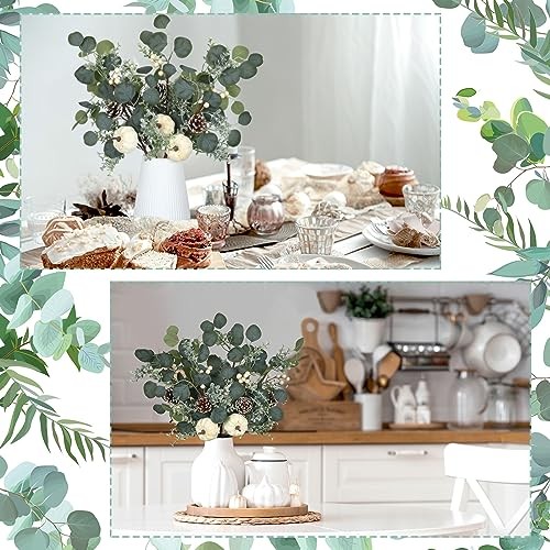 6 Pcs 23.62 Inch Large Fall White Pumpkin Stems Artificial Eucalyptus Leaves
