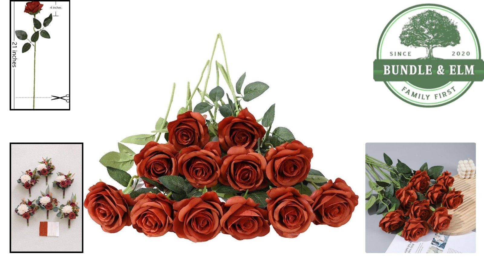 12 PCS Artificial Silk Roses for Home Wedding Decor, Brown and Orange Flowers