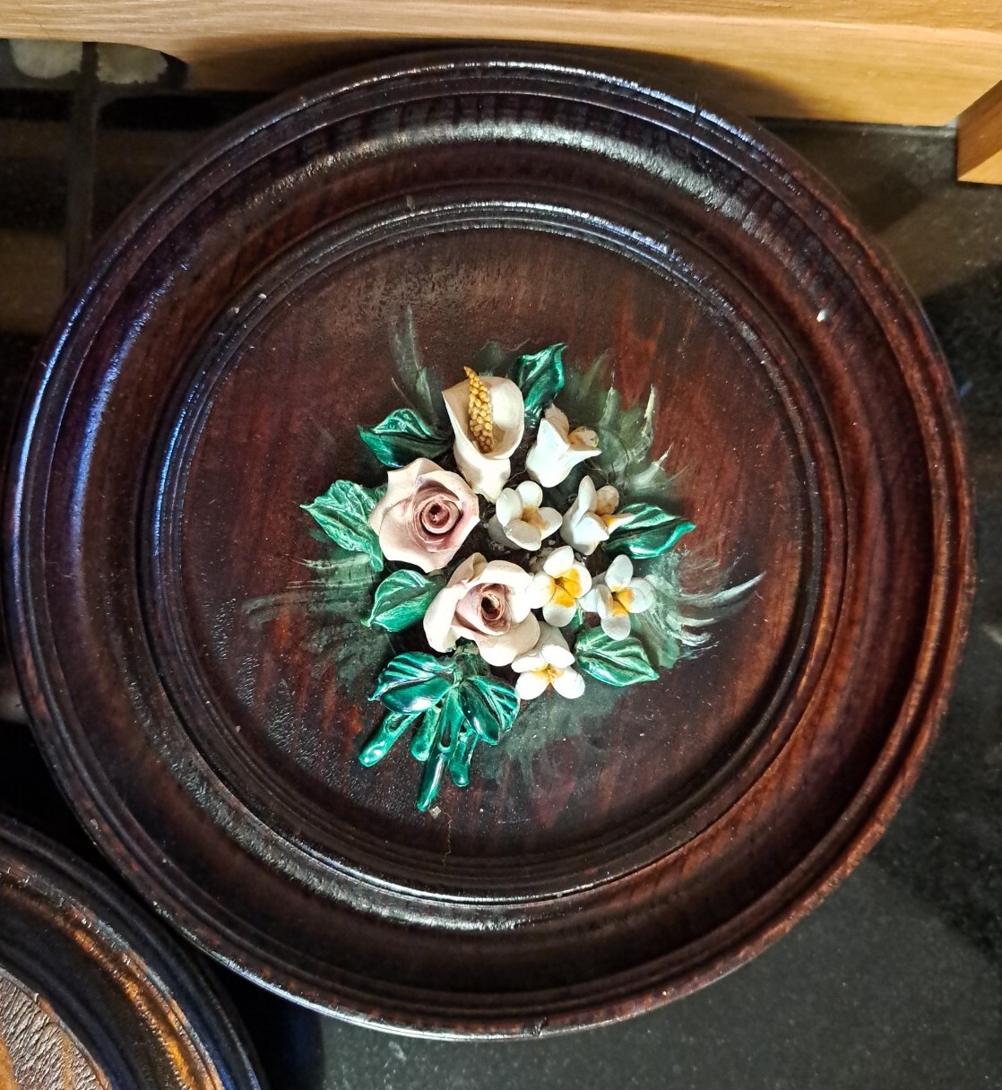 Vintage hand crafted flowers roses art on hand turned dark wood plaques set of 3