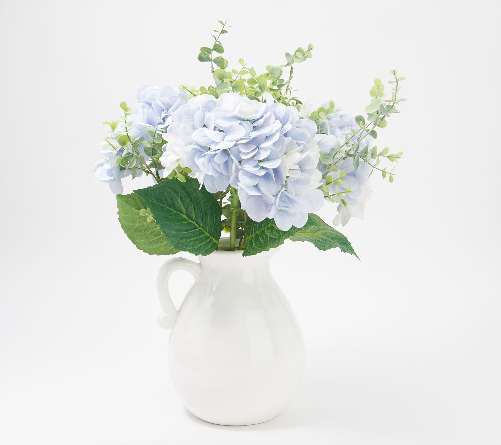 Real Touch Hydrangea and Eucalyptus in Glazed Jug by Peony in Blue