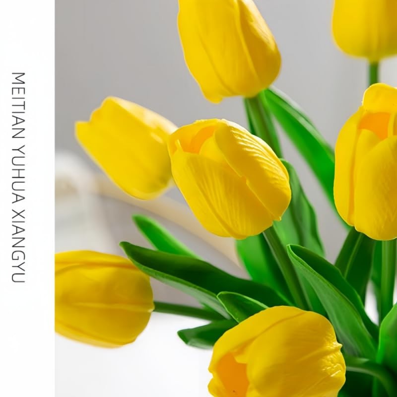 10 PCS Yellow Artificial Tulips Real Touch Latex Fake Flowers Wedding Bouquet