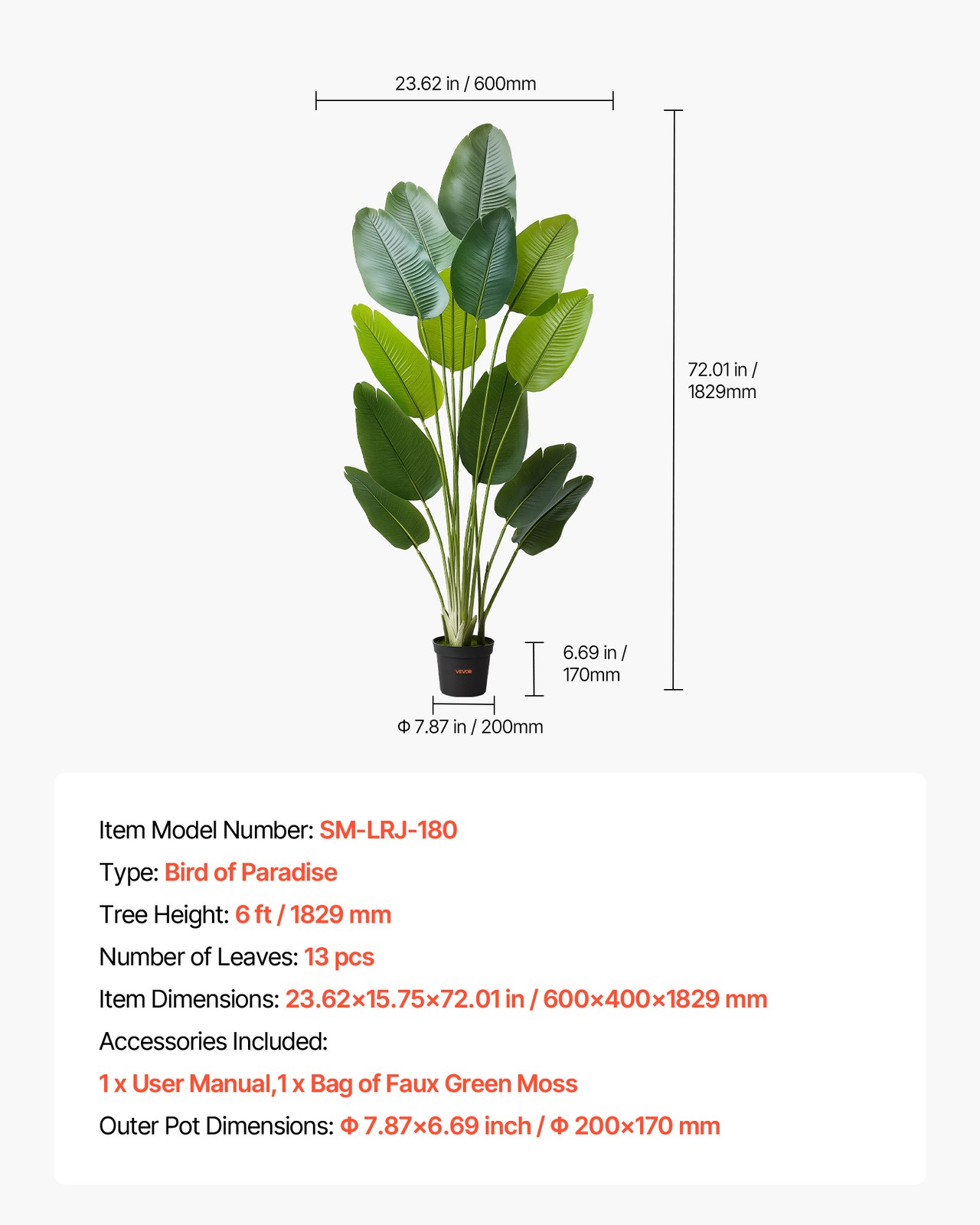 VEVOR 6ft Artificial Bird of Paradise Tree Fake Plant with Pot Indoor Outdoor