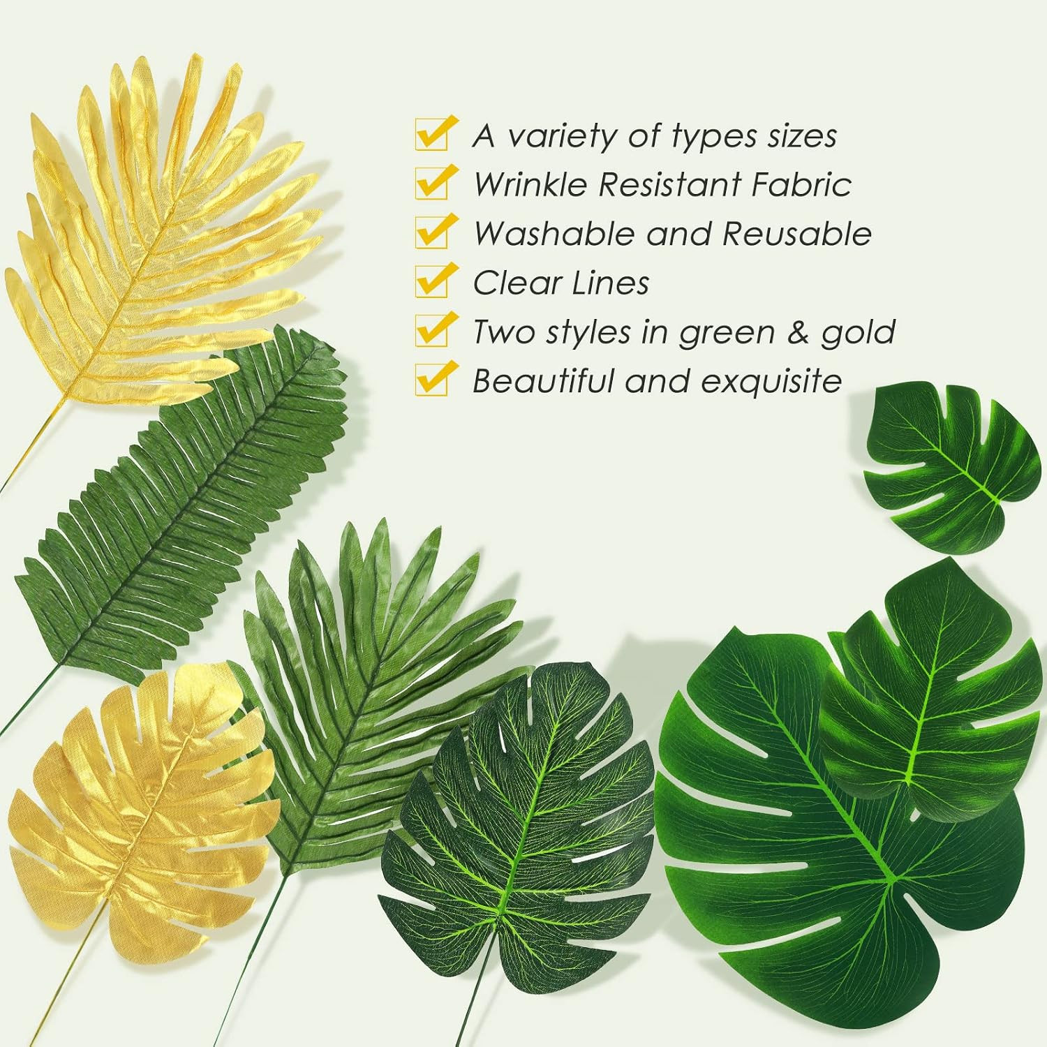 100 Pcs 8 Kinds Artificial Palm Leaves Tropical Fake Leaves, Monstera Leaf Gold