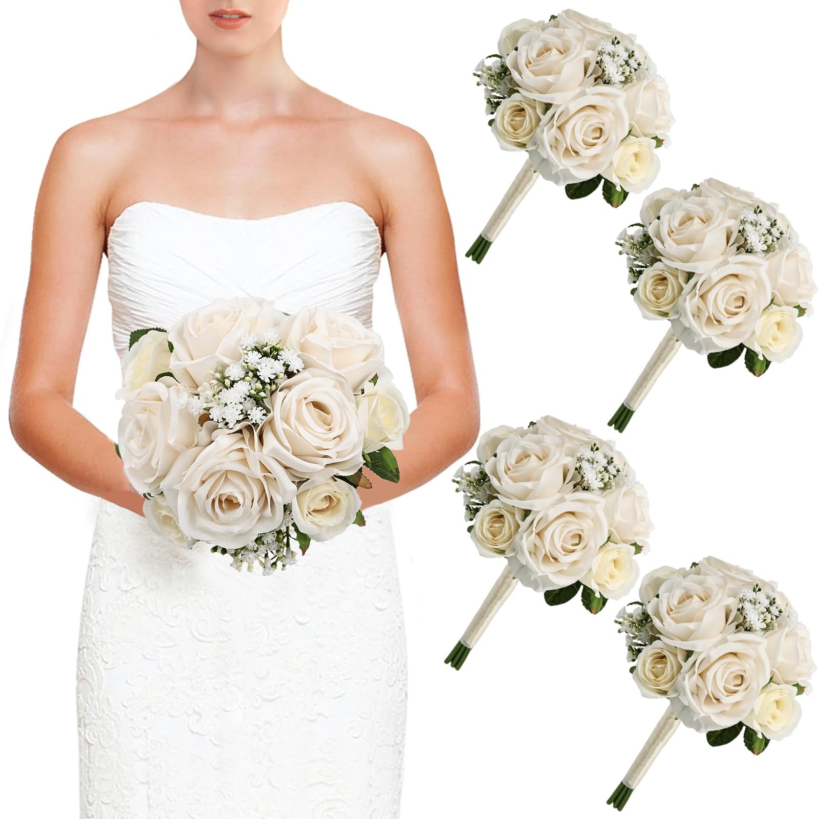 Wedding Bridesmaid Bouquets Set of 4, Artificial Silk Flowers Arrangement for…