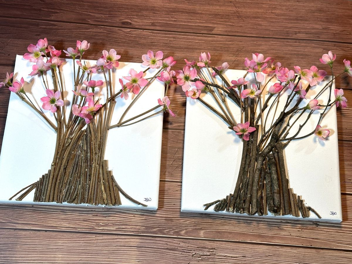Canvas Art Set- Woodland Trees with Pink and White Flowers – 3 Dimensional