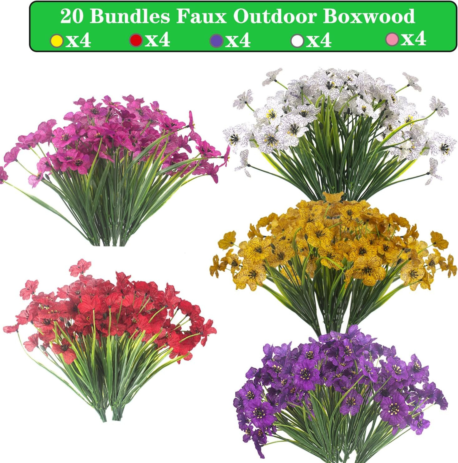 Artificial Flowers 20 Bundles UV Resistant No Fade Faux Plastic Garden Porch