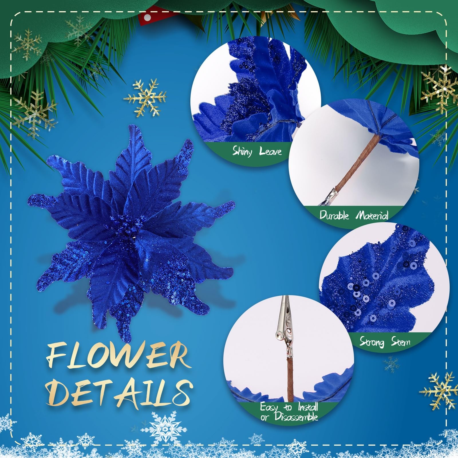 12 Pcs Christmas Glitter Fabric Poinsettia 10 Inch Artificial Xmas Flower wit…