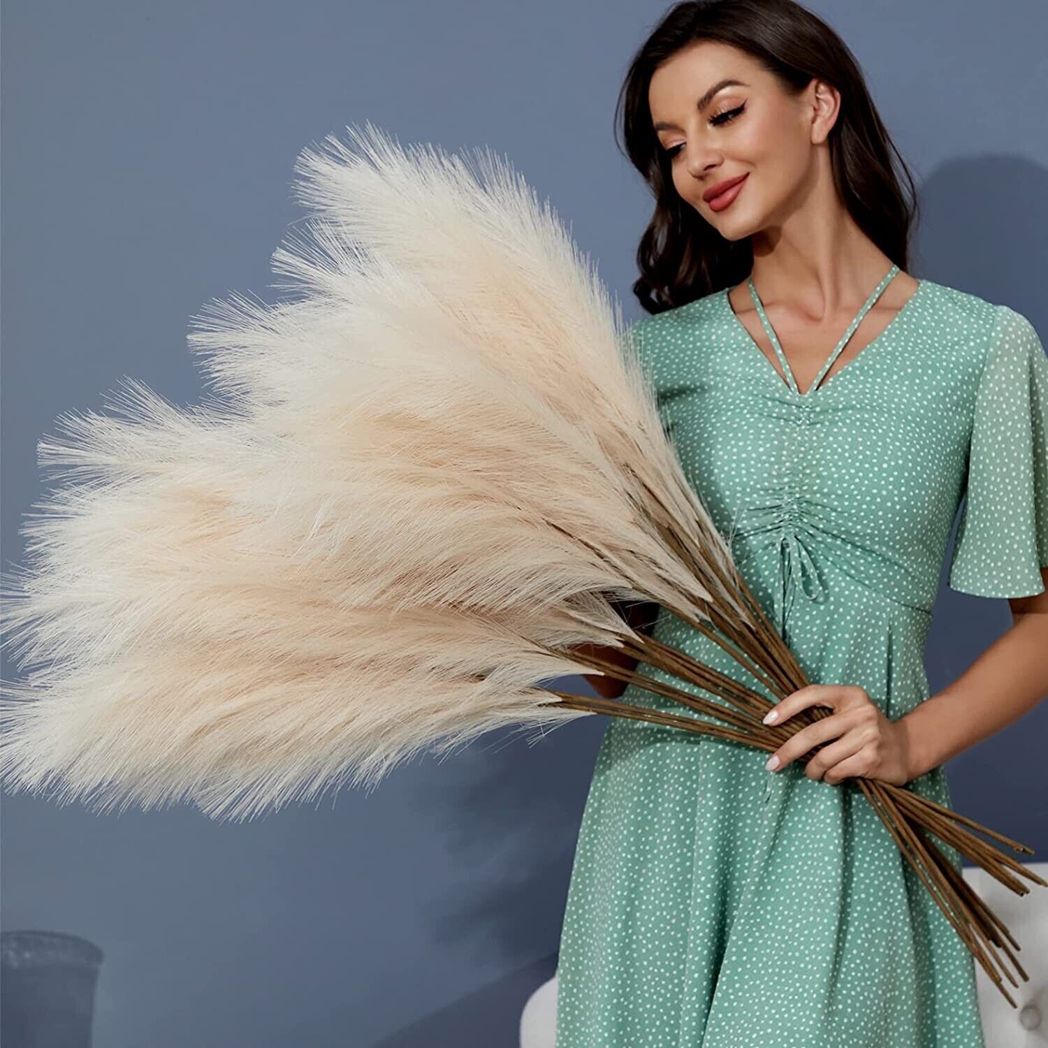 8 PCS Faux Pompous Grass Decor 38″/3.1′ Tall Fake Floral Large Bouquet – Biege