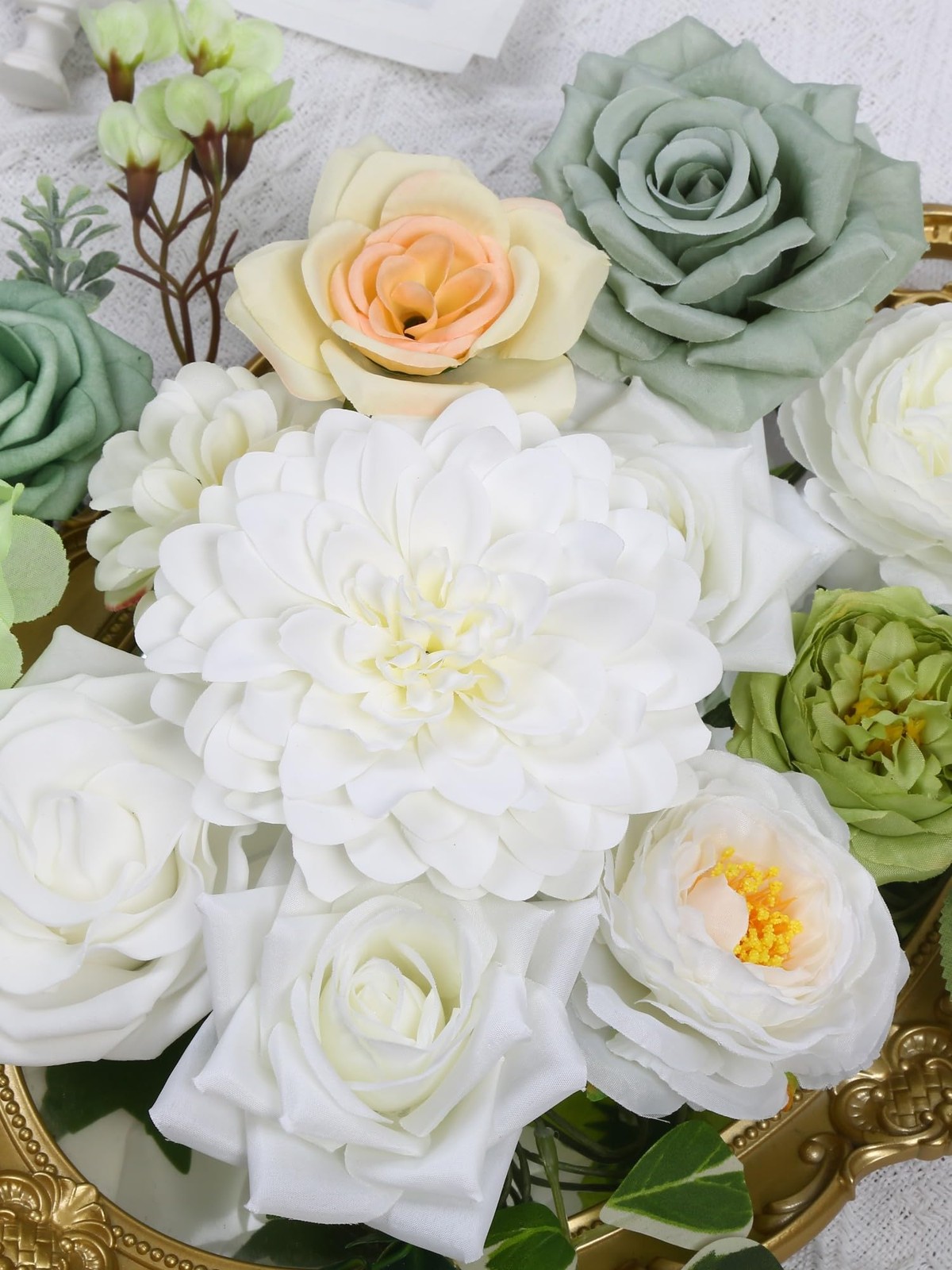White & Green Artificial Flowers Combo Box Silk Fake Flower for DIY Wedding B…