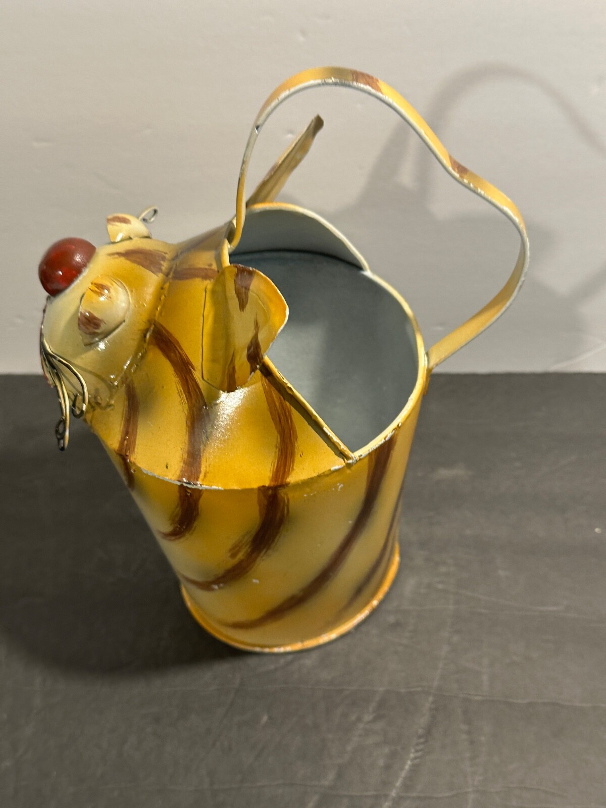 Metal Hand-Painted & Distressed Whimsical Yellow Tabby Kitty Cat Watering Can