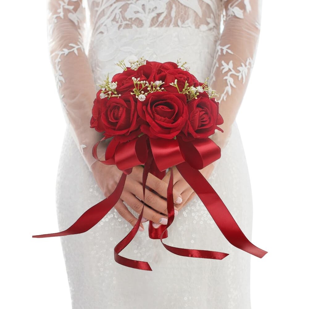 Red Rose Bouquet Bride Artificial Silk HandHeld Wedding Party Decor