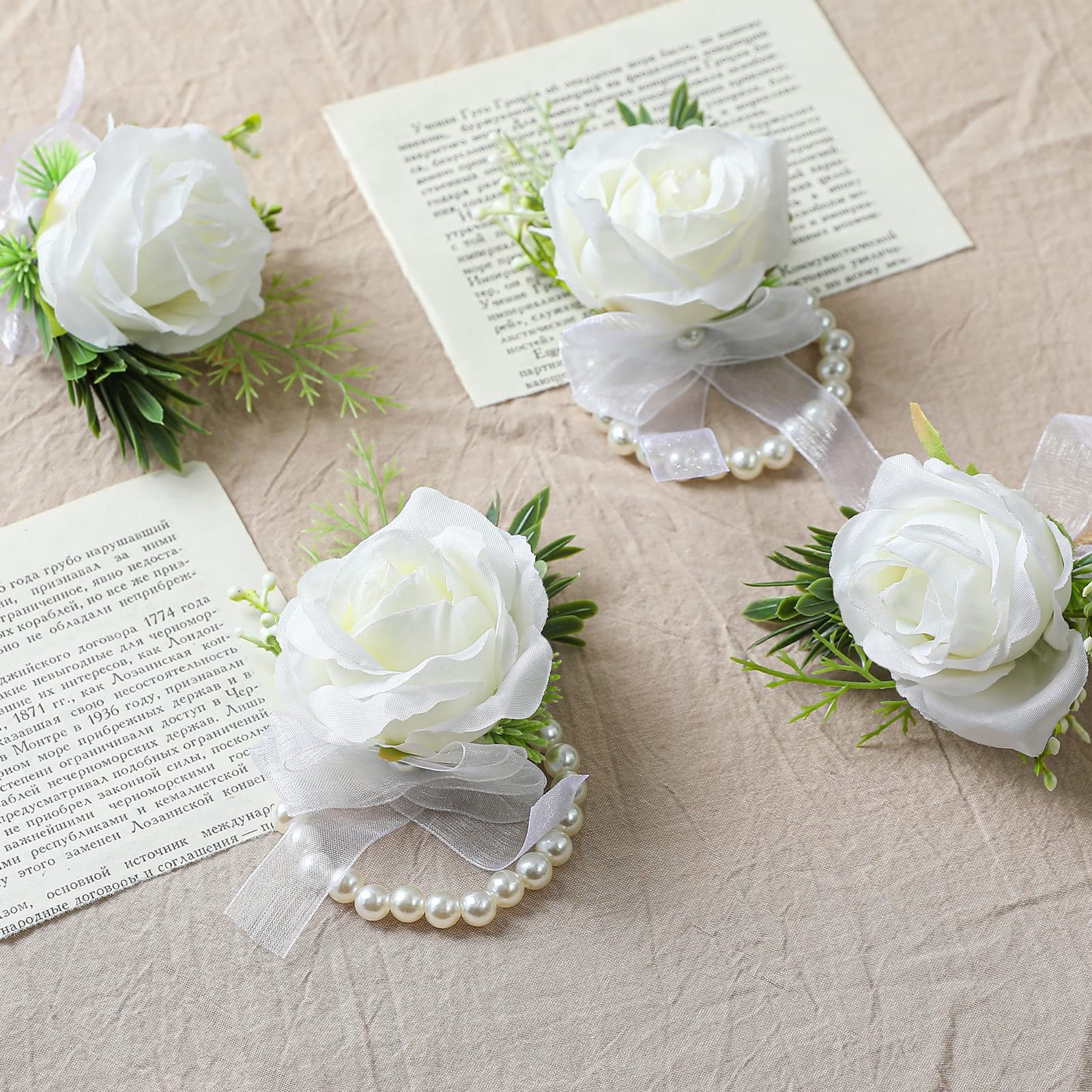 White Artificial Rose Wrist Corsage Flowers for Wedding, Prom Party, 4 PCS Set