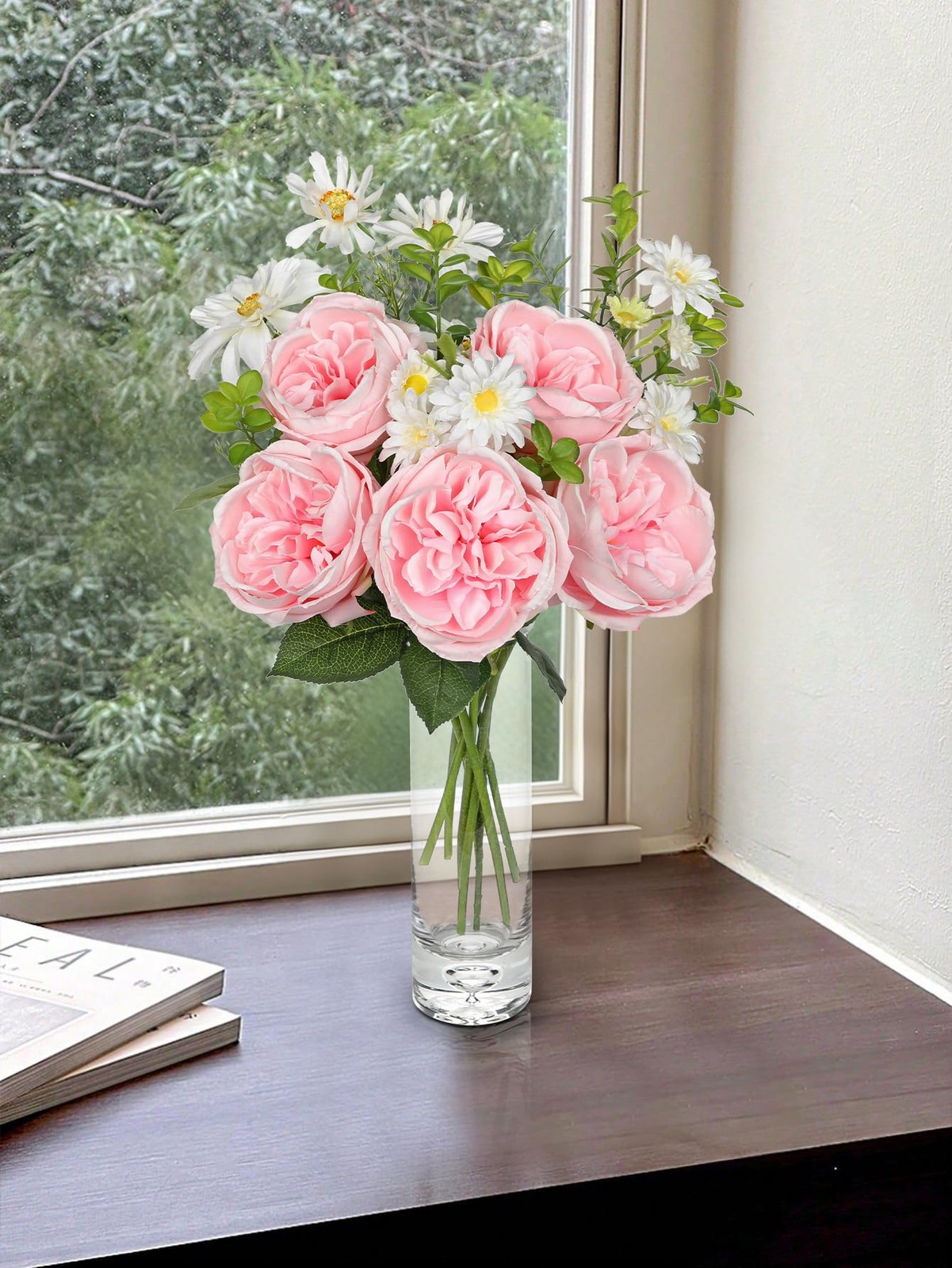 Peonies Artificial Flowers Pink Long Silk Faux Bouquet 18.5in Wedding Decor