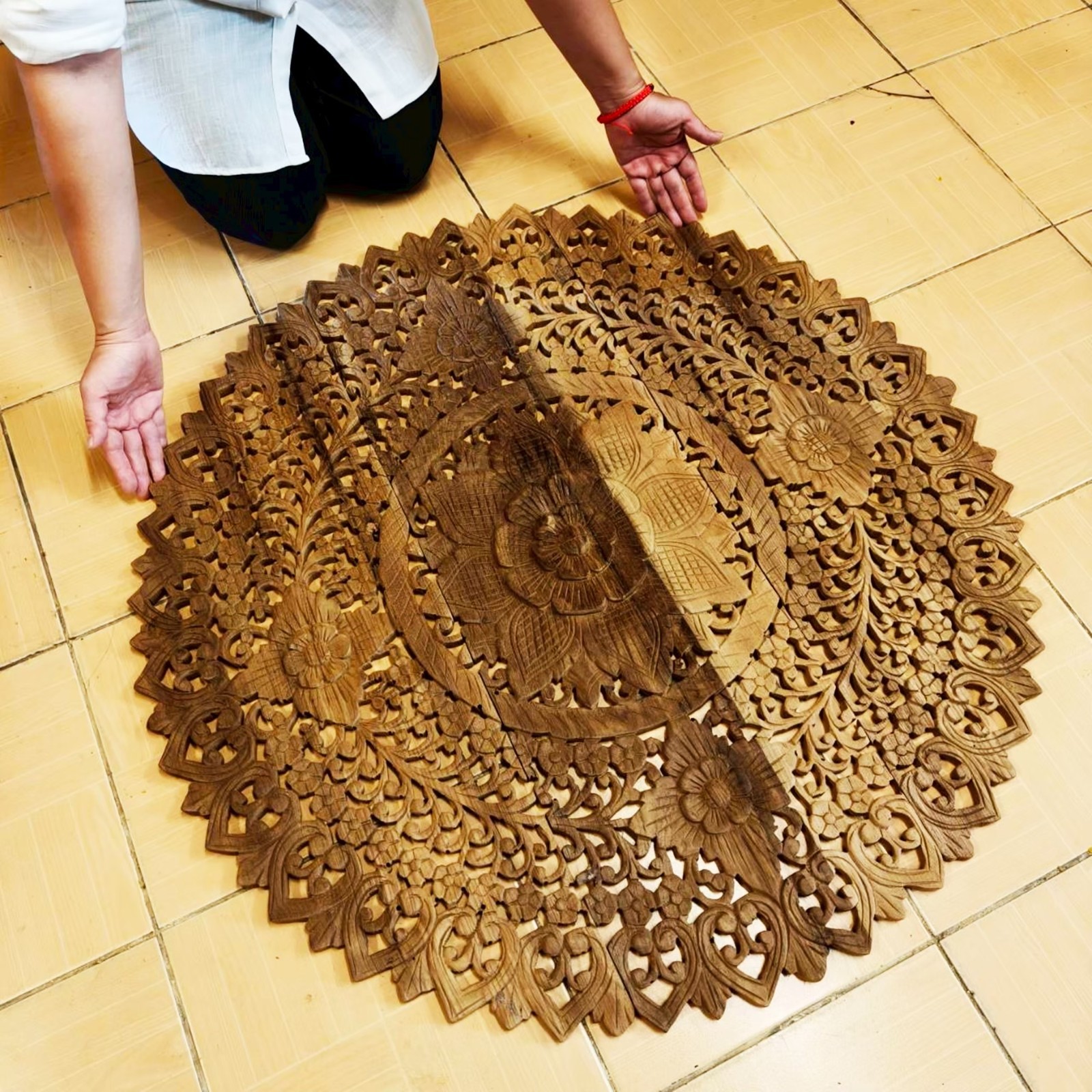 36″ Natural Brown Wood Mandala Wall Art Hand Carved Rain Tree Tropical Decor #F