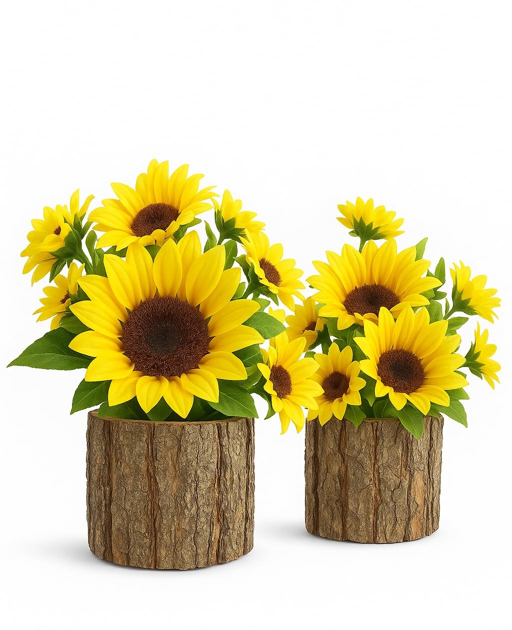 Artificial Sunflowers For Spring Decor Small Potted Flower In Log Planters Table