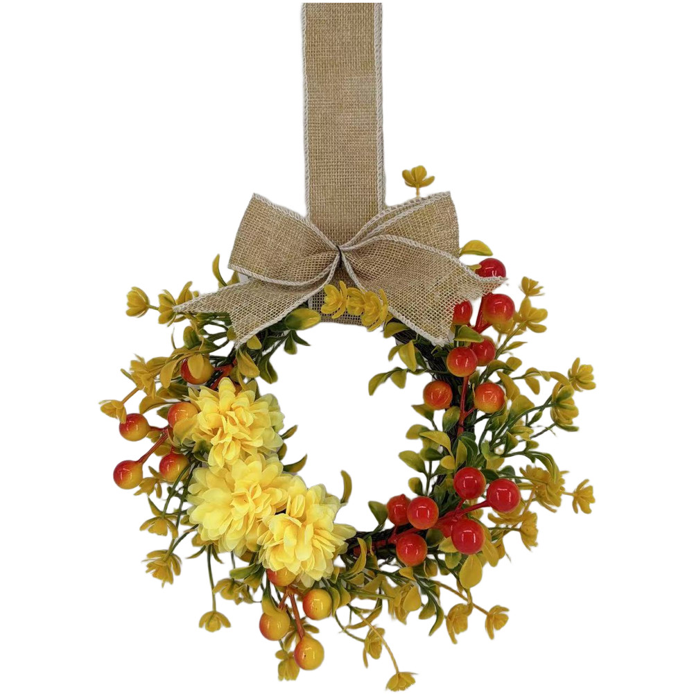 Plastic Wire Artificial Wreath with Chrysanthemums Berries Autumn Theme