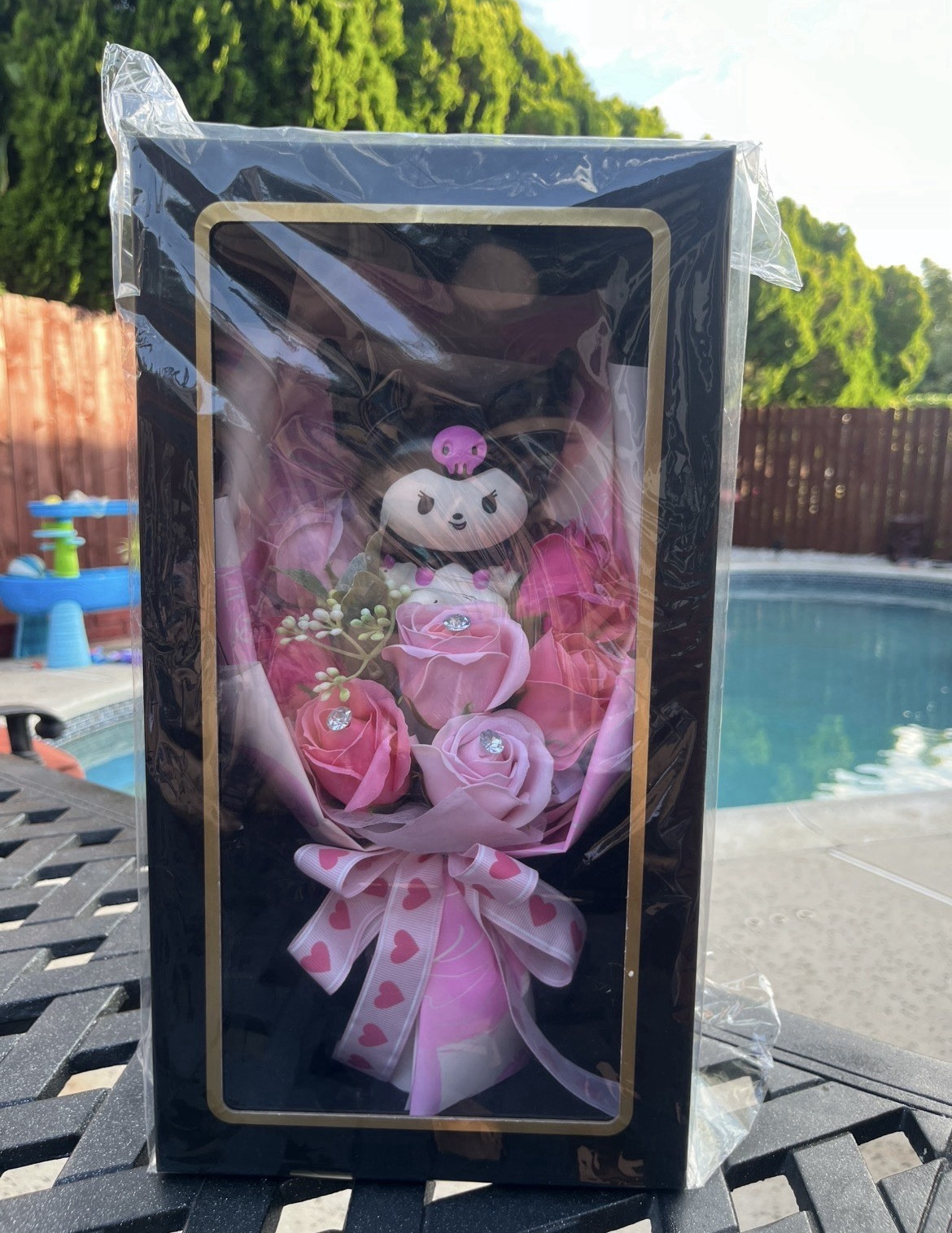 Sanrio Kuromi Plush & Pink Artificial Rose Flower Bouquet in Window Gift Box