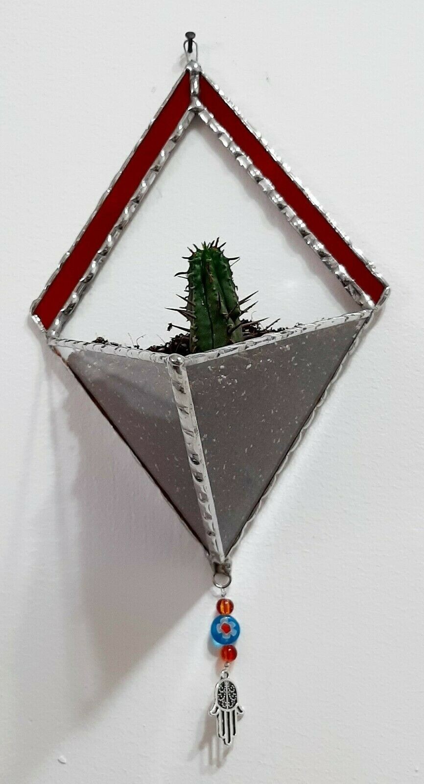 Transparent Terrarium in Shaped of Diamond Stained Glass with Red frame