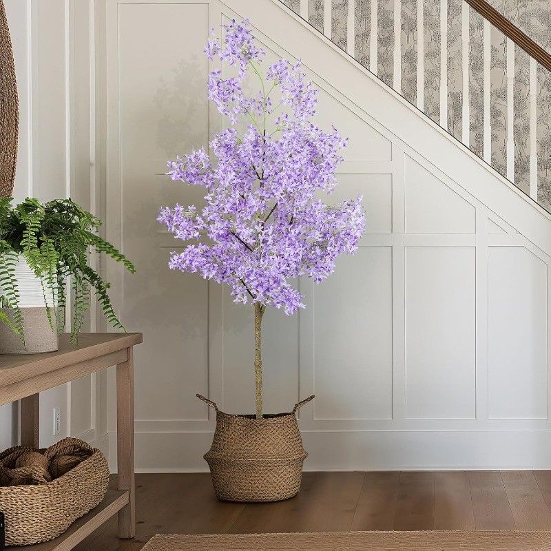 6FT Artificial Winter Jasmine Tree with Cement Base Pot Faux Floor Plant, Purple