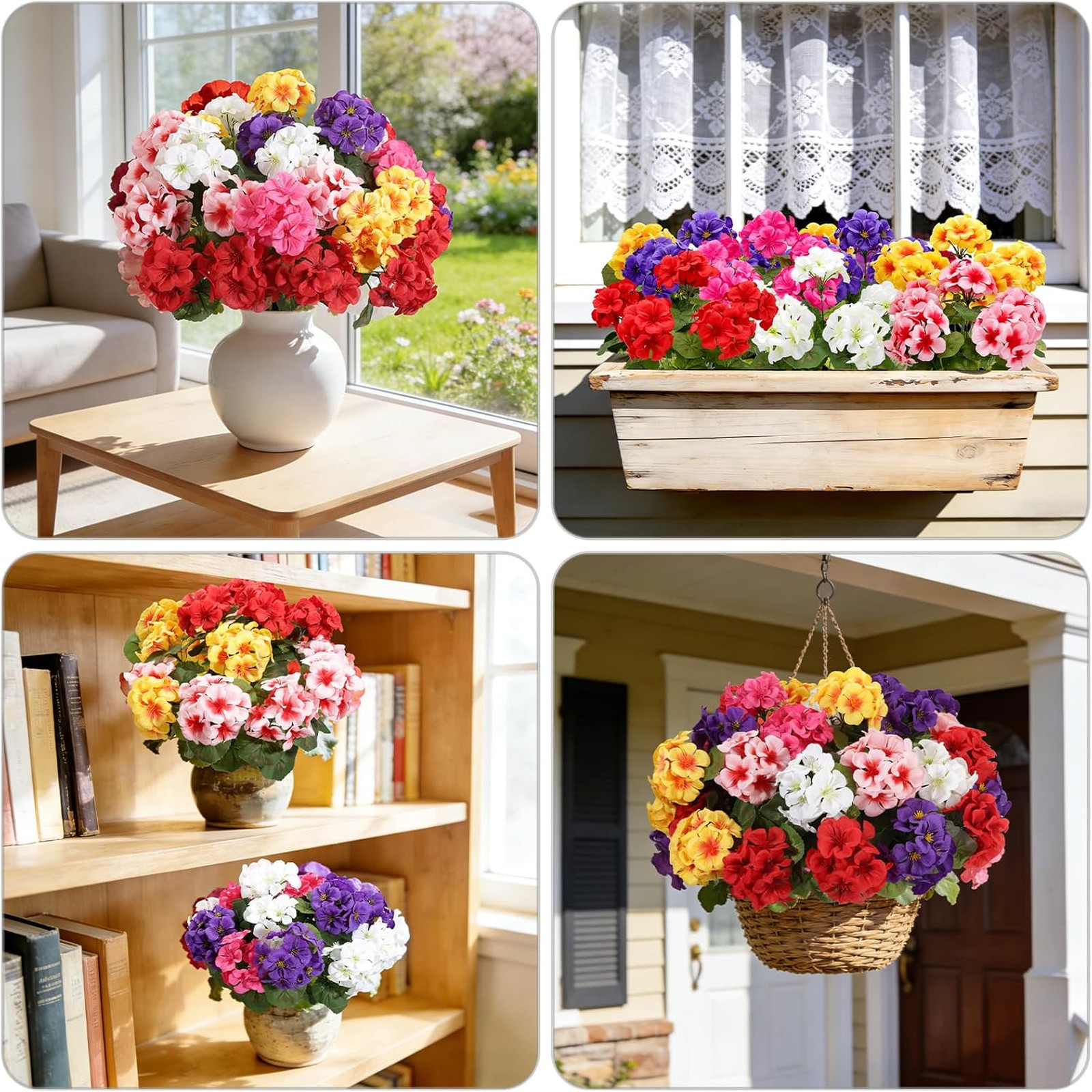 Artificial Geraniums Flowers Set of 6 UV Resistant Faux Plants for Indoor
