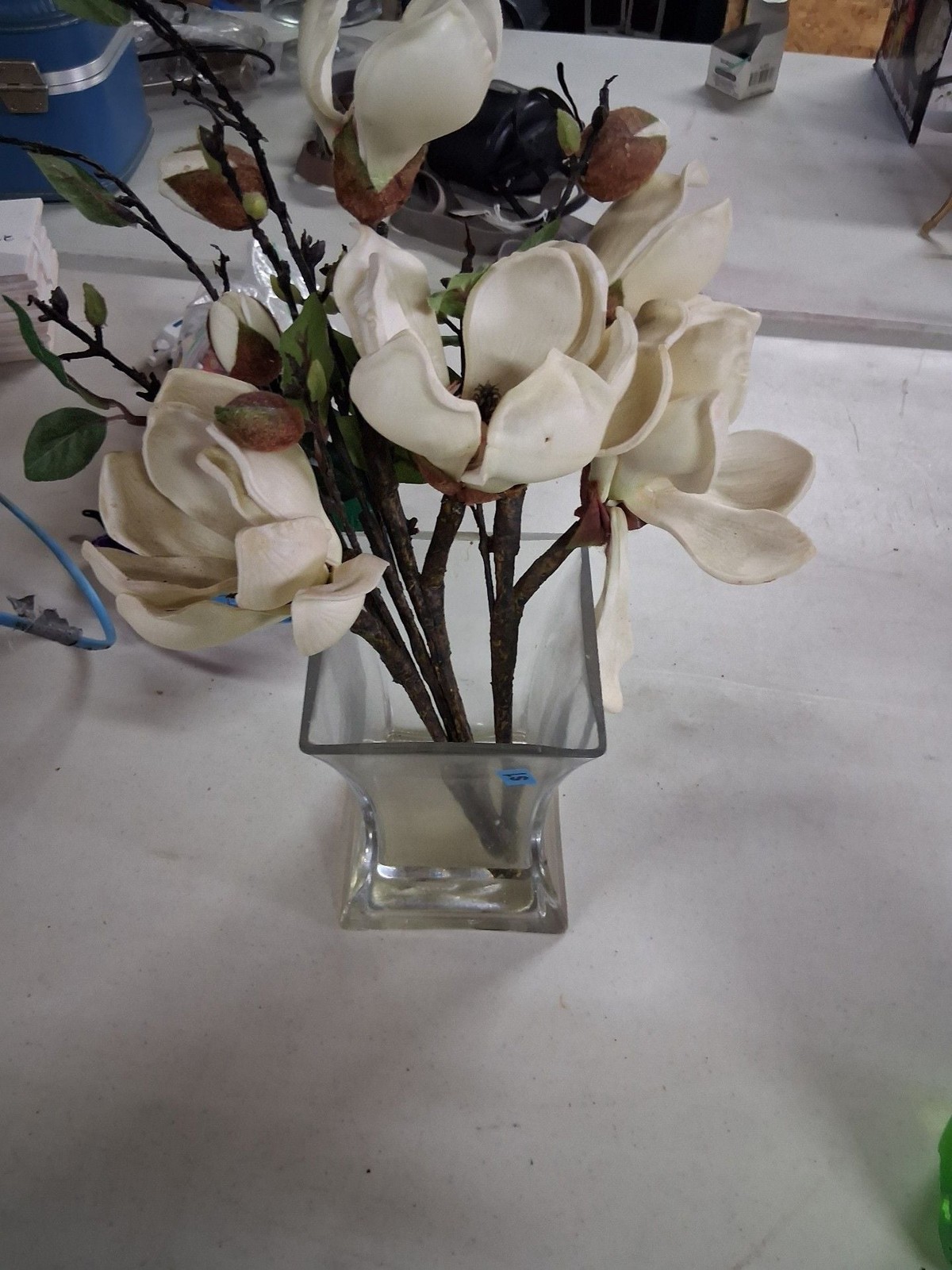 Artificial Magnolia Flower Arrangement in Square Glass Vase