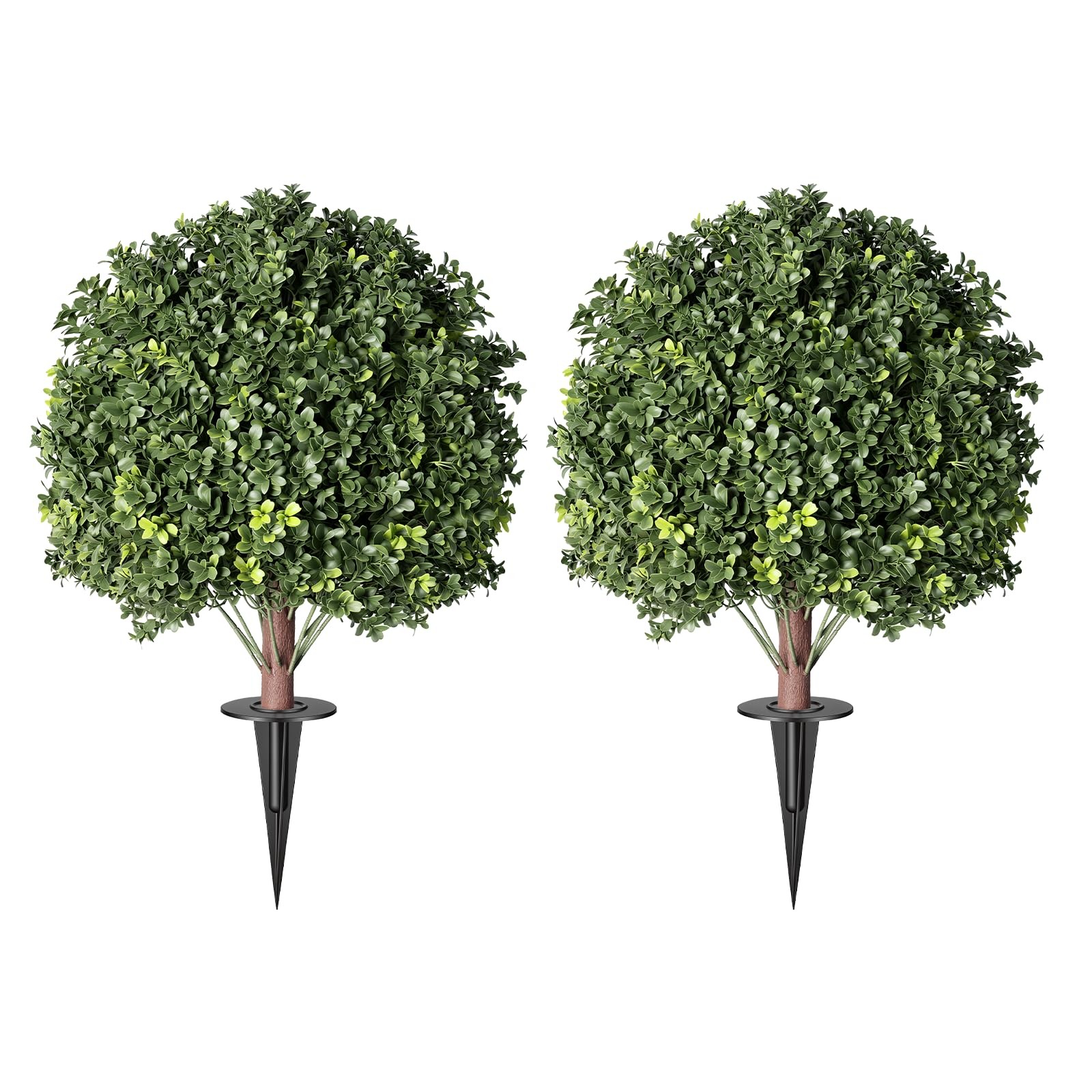 26″ Artificial Boxwood Topiary Tree with Ground Spikes, 2 Pack UV Resistant F…