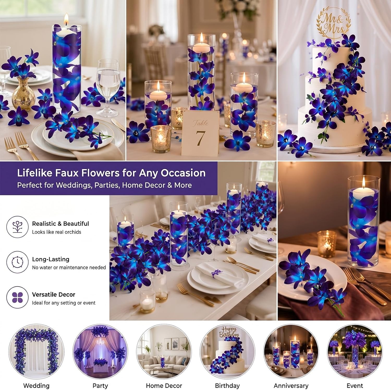 8 Pieces Blue Purple Faux Orchid Flowers Artificial Flower Vase Fillers Wedding