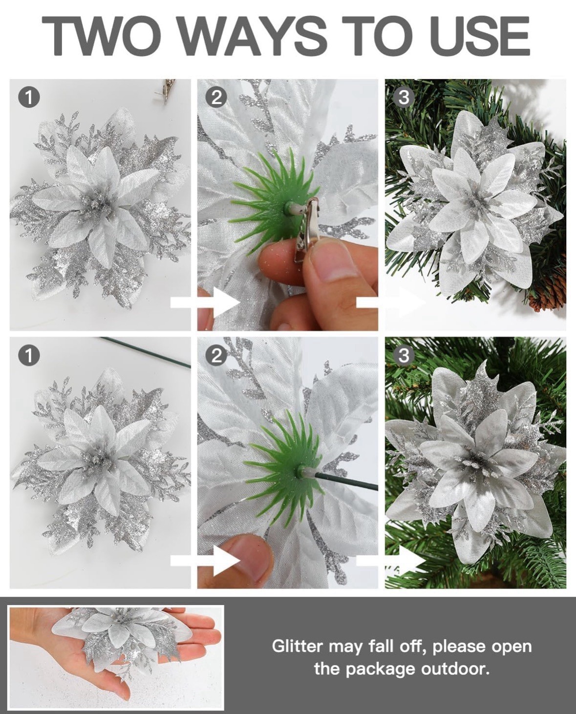 12pc Silver Articial Glitter Poinsettia Flowers Clips & Stems Christmas 5.5in
