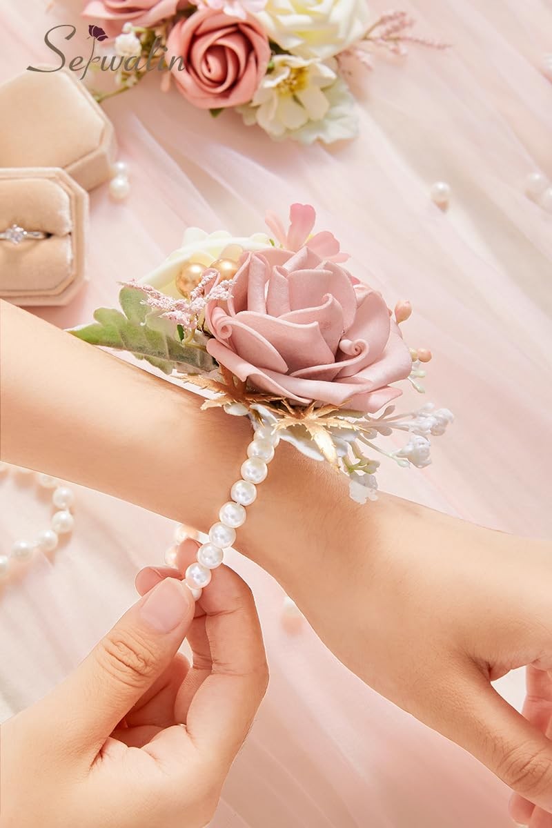 2 PCS Dusty Pink Wrist Corsage and Boutonniere Set Wedding Prom Ceremony
