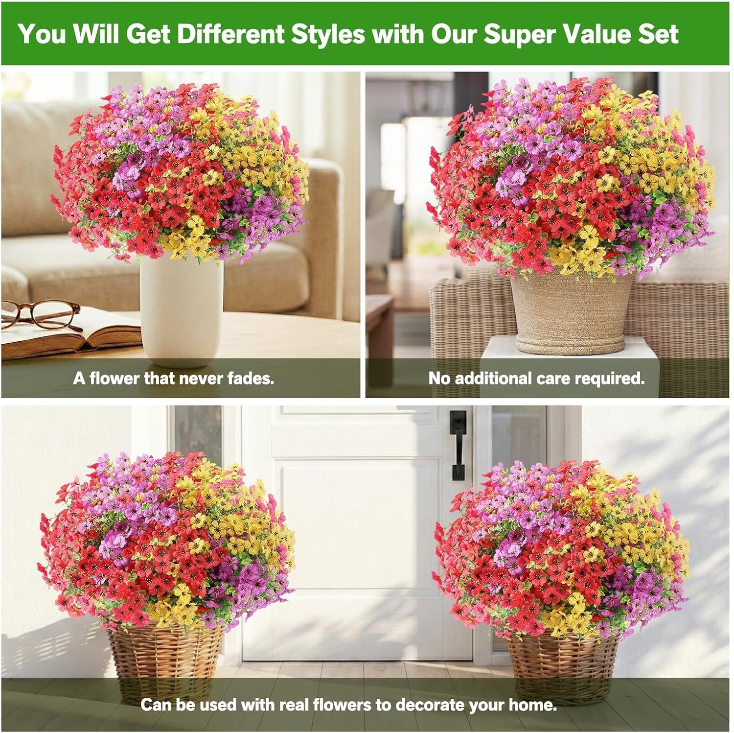 Artificial Flowers Fake Plants for Outdoors Summer Decoration, 13 Bundles Sil…